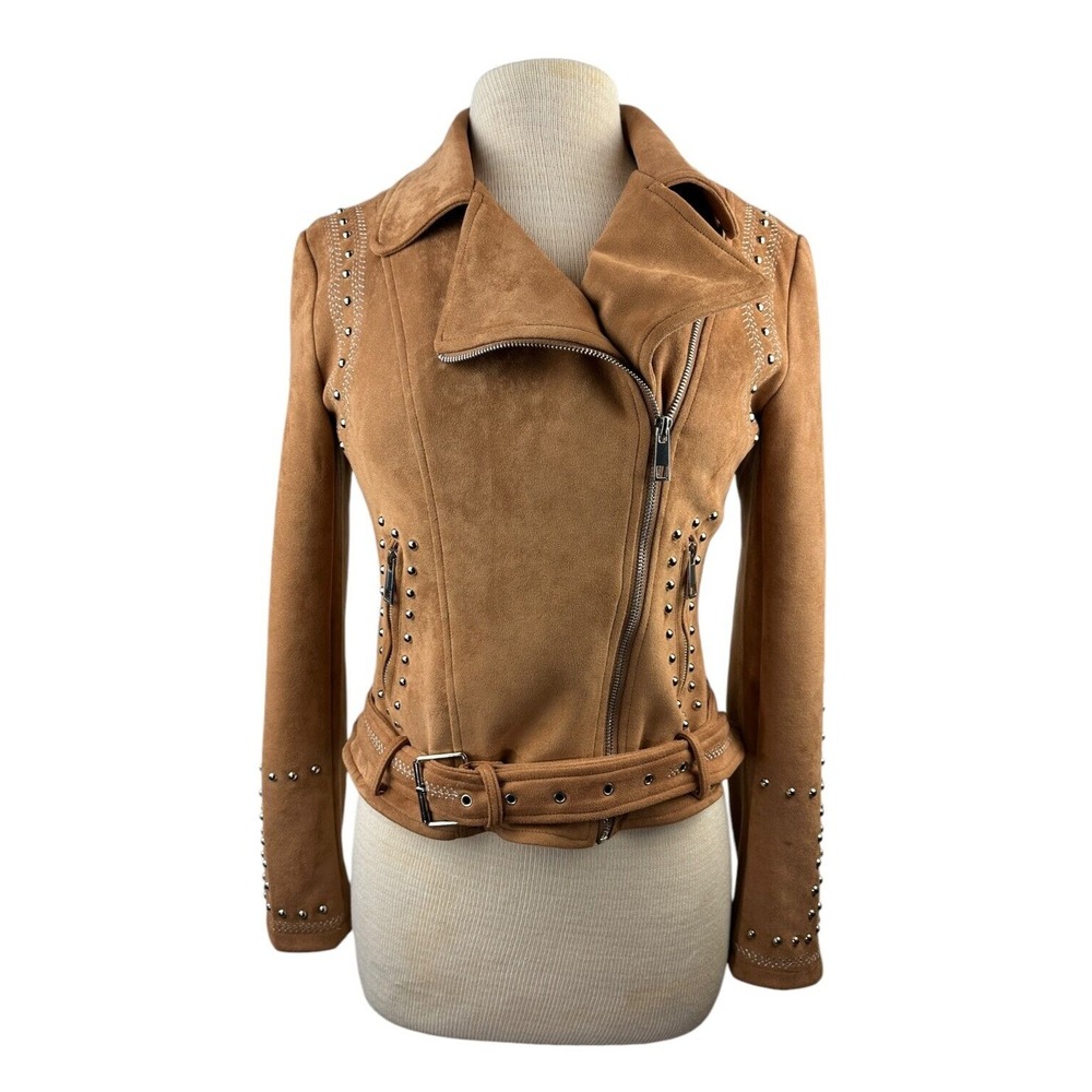 BKE Faux Suede Studded Stretch Asymmetrical Zip Moto Jacket Chestnut Brown Small - Picture 14 of 14